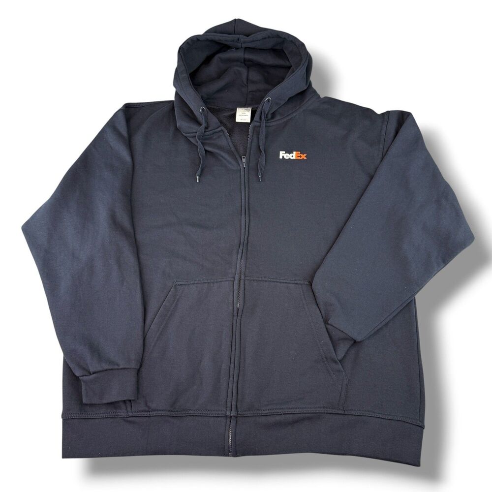 Vintage FedEx Navy Blue Cotton Unisex Logo Zip Up Drawstring Hoodie XL Workwear